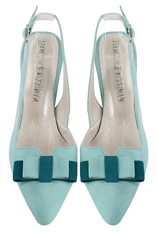 Aquamarine blue women's open back shoes, with a knot. Tapered toe. Medium comma heels. Top view - Florence KOOIJMAN